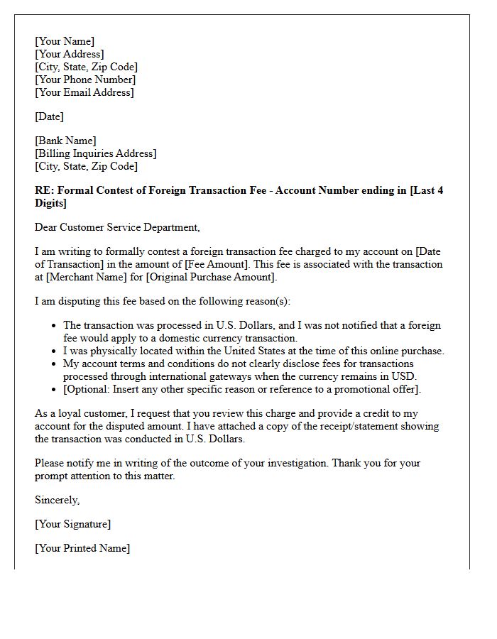 Account Holder Letter Contesting Unfair Foreign Transaction Fee