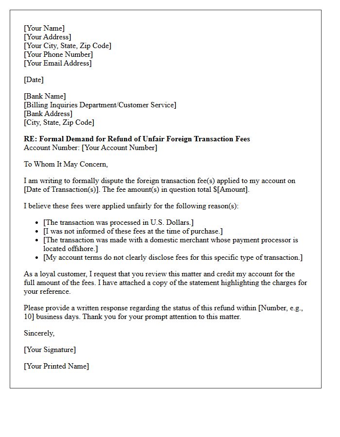 Demand Letter for Refund of Unfair Foreign Transaction Fee