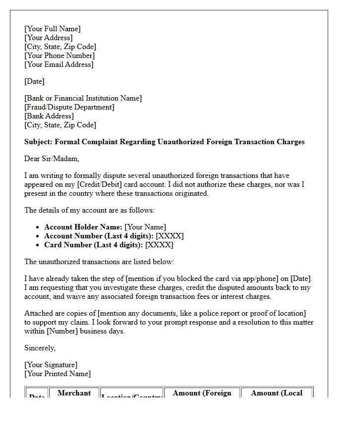 Formal Complaint Letter for Unauthorized Foreign Transaction Charges