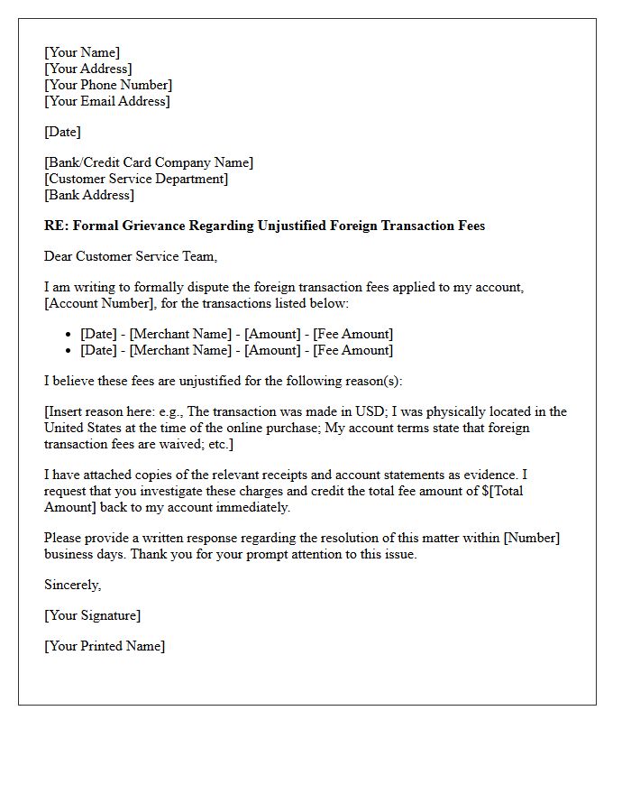 Grievance Letter Addressing Unjustified Foreign Transaction Fees