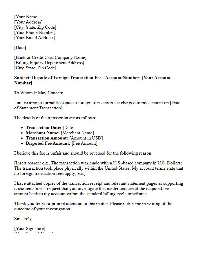 Letter of Dispute Regarding Unfair Foreign Transaction Fee