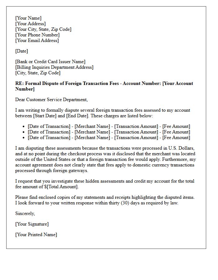 Notice Letter of Dispute for Hidden Foreign Transaction Assessments