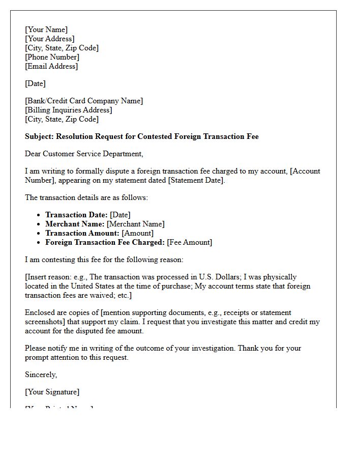 Resolution Request Letter for Contested Foreign Transaction Fee