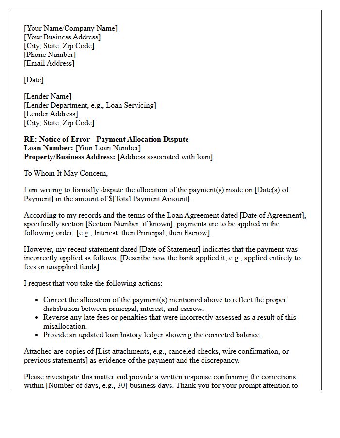 Commercial Loan Payment Allocation Dispute Letter
