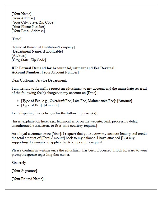 Demand for Account Adjustment and Fee Reversal Letter