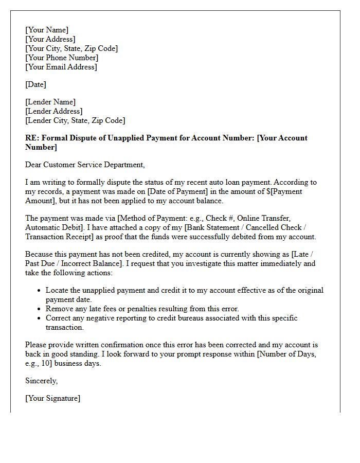 Formal Dispute of Unapplied Auto Loan Payment Letter