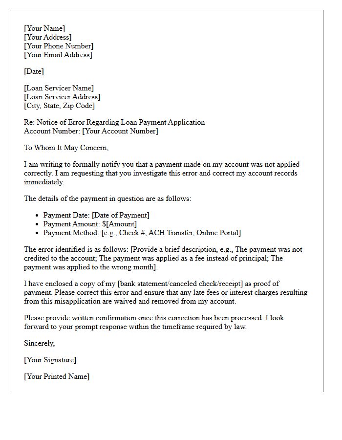 Notice of Failure to Apply Loan Payment Correctly Letter