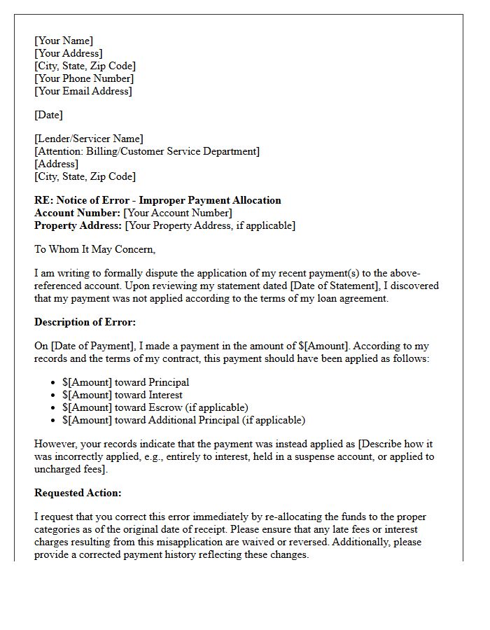 Notice of Improper Principal and Interest Application Letter