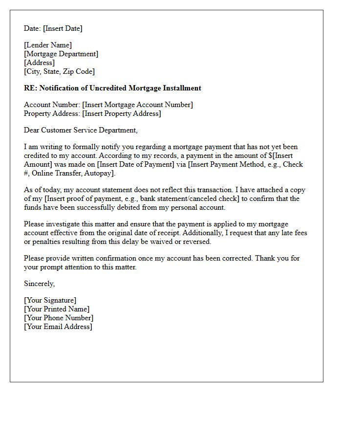 Notification of Uncredited Mortgage Installment Letter