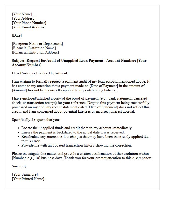 Request for Audit of Unapplied Loan Installment Letter