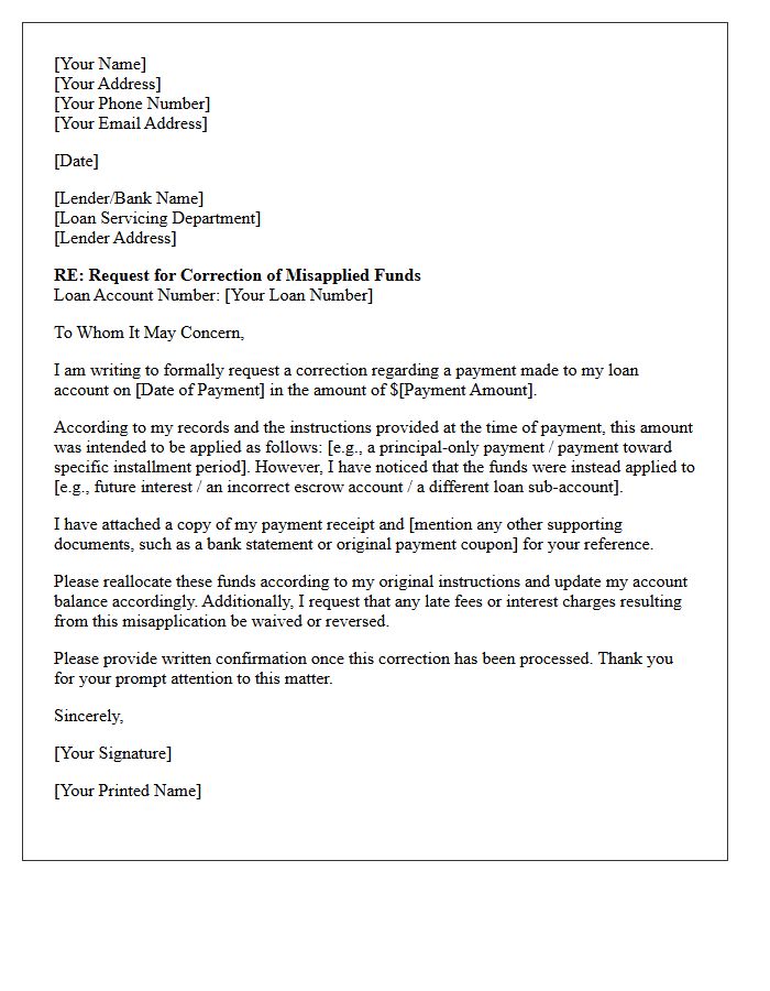 Request for Correction of Misapplied Loan Funds Letter