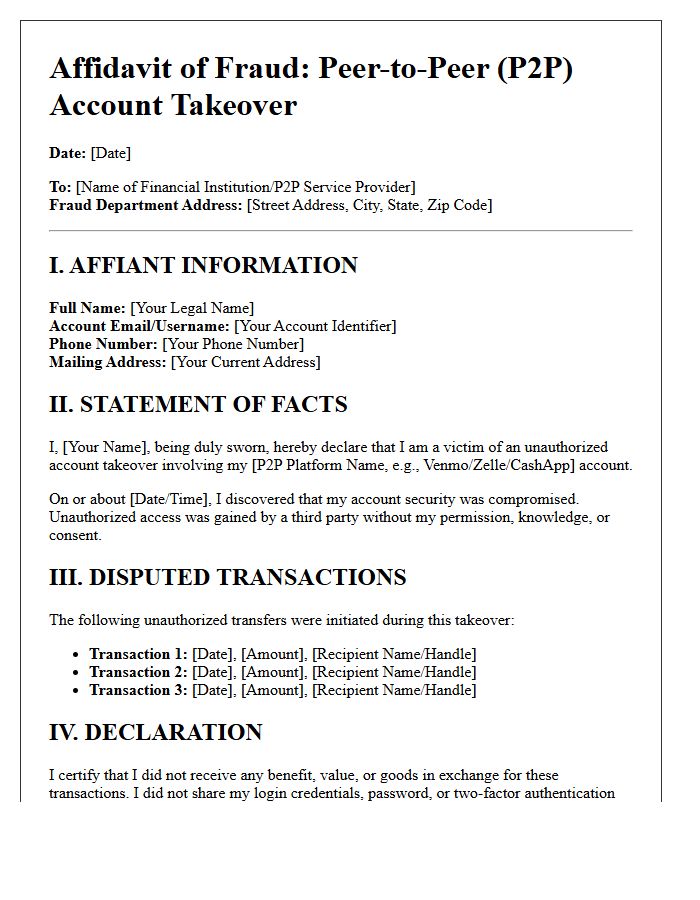 Affidavit Letter for Peer-to-Peer Account Takeover Fraud