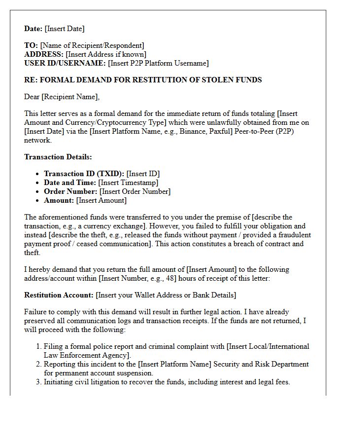 Demand Letter for Restitution of Stolen Peer-to-Peer Funds