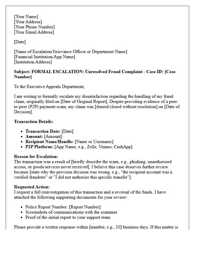 Escalation Letter for Unresolved Peer-to-Peer Payment Scam