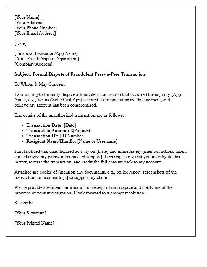 Formal Dispute Letter for Fraudulent Peer-to-Peer Payment