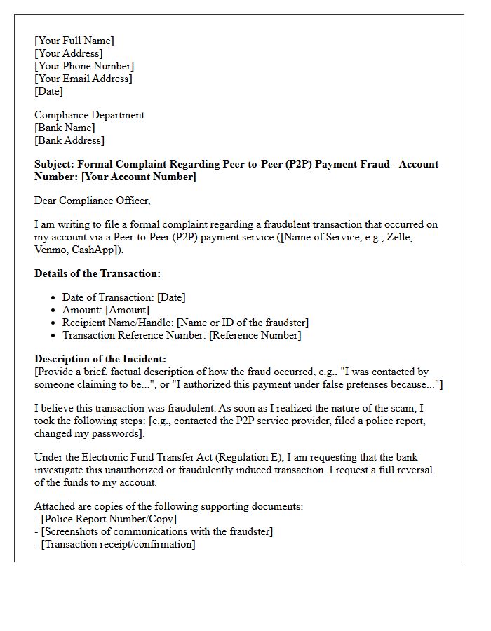 Letter of Complaint to Bank Compliance Regarding Peer-to-Peer Fraud