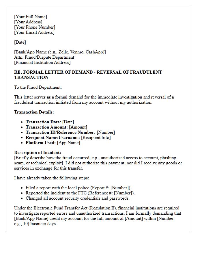 Letter of Demand for Reversal of Fraudulent Peer-to-Peer Transaction