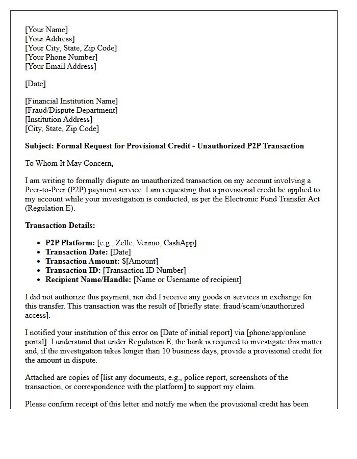 Letter Requesting Provisional Credit for Peer-to-Peer Fraud