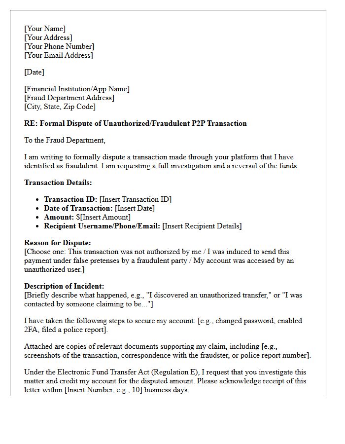 Peer-to-Peer Payment Fraud Resolution Request Letter