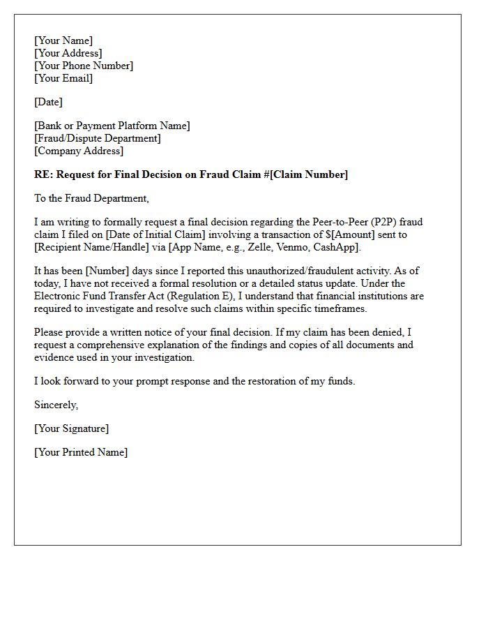 Request Letter for Final Decision on Peer-to-Peer Fraud Claim