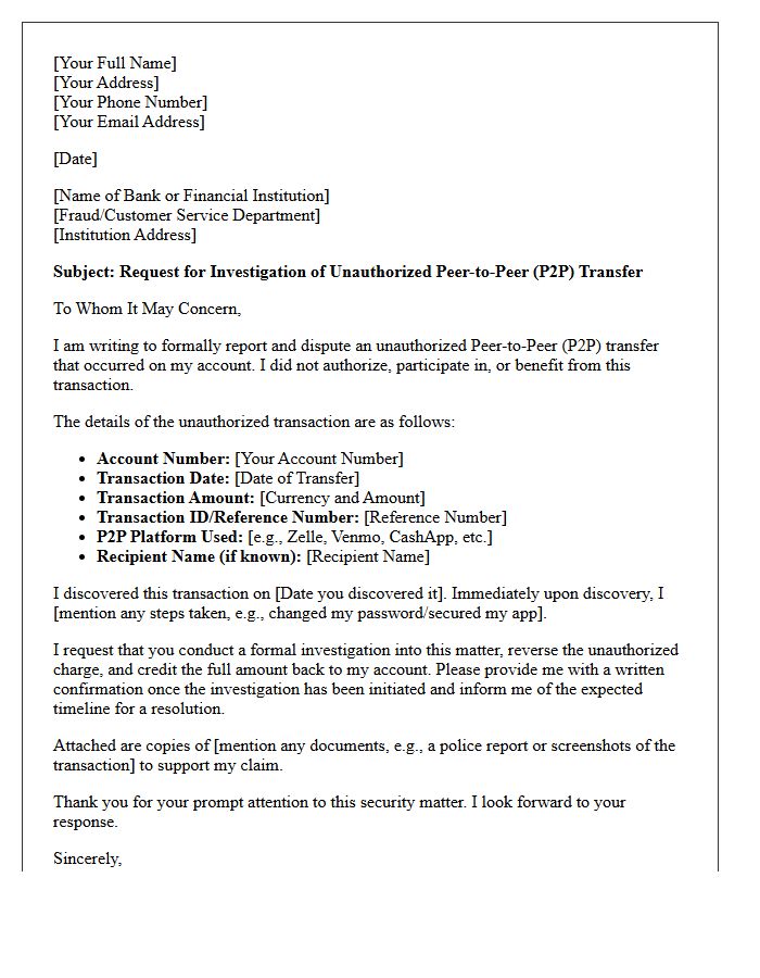 Request Letter for Investigation of Unauthorized Peer-to-Peer Transfer