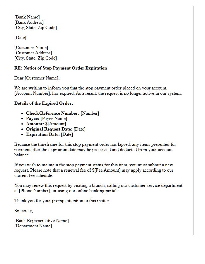 Notice Of Stop Payment Order Failure Due To Expired Request Timeframe Letter