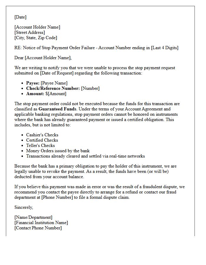 Notice Of Stop Payment Order Failure Due To Guaranteed Funds Restriction Letter