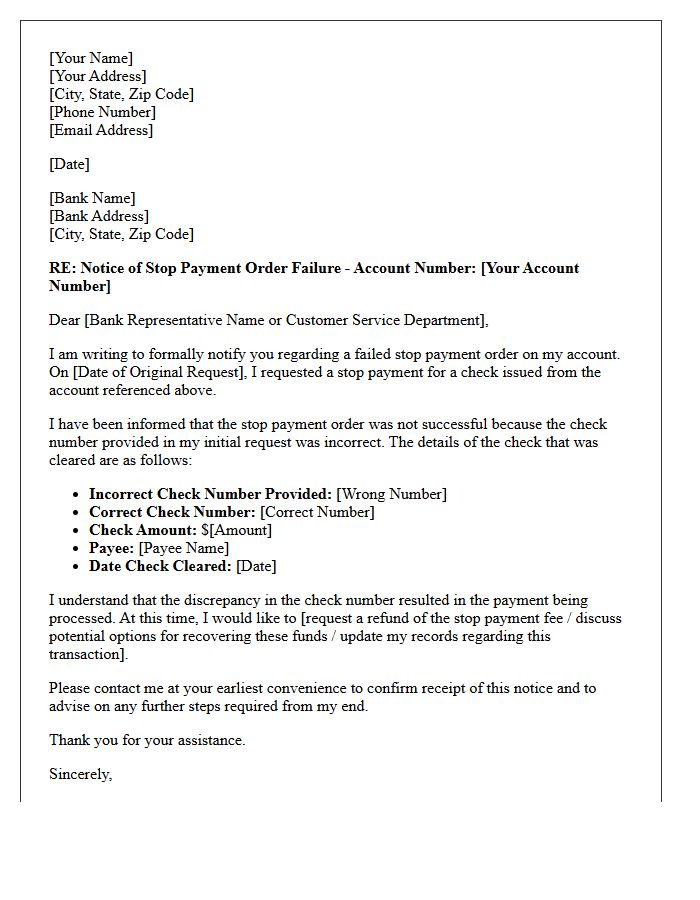 Notice Of Stop Payment Order Failure Due To Incorrect Check Number Letter