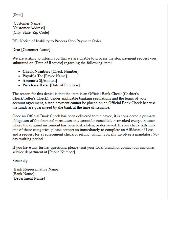 Notice Of Stop Payment Order Failure Due To Ineligible Official Bank Check Letter