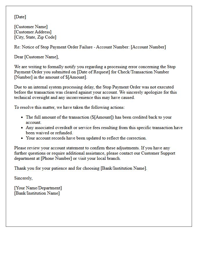Notice Of Stop Payment Order Failure Due To Internal System Processing Delay Letter