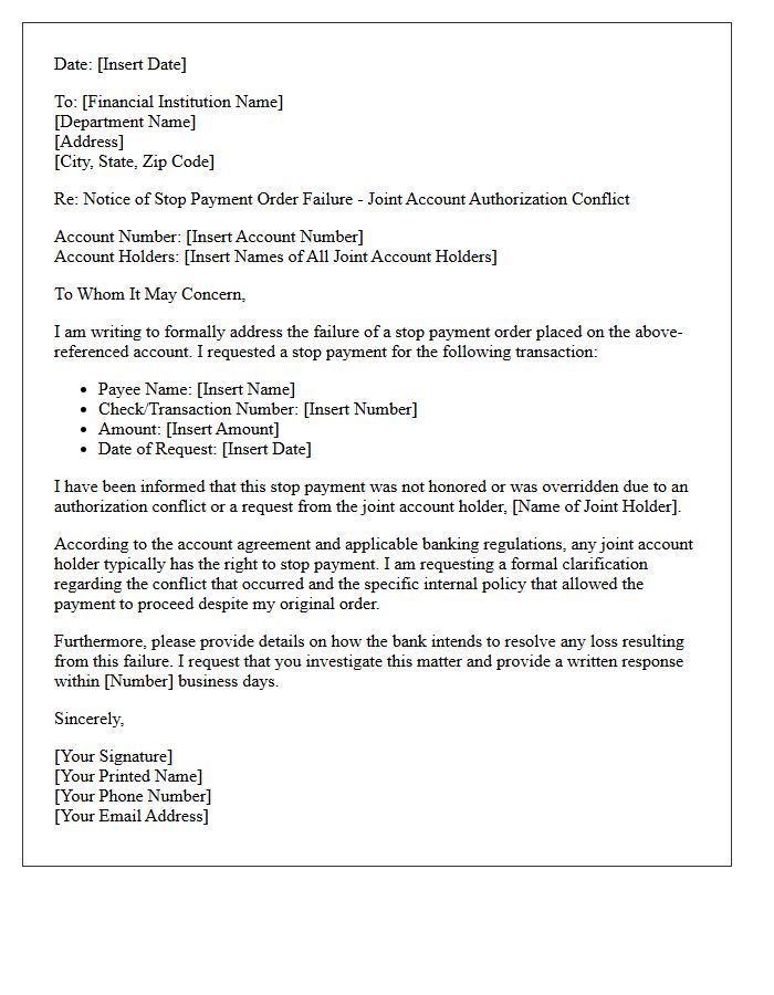 Notice Of Stop Payment Order Failure Due To Joint Account Authorization Conflict Letter