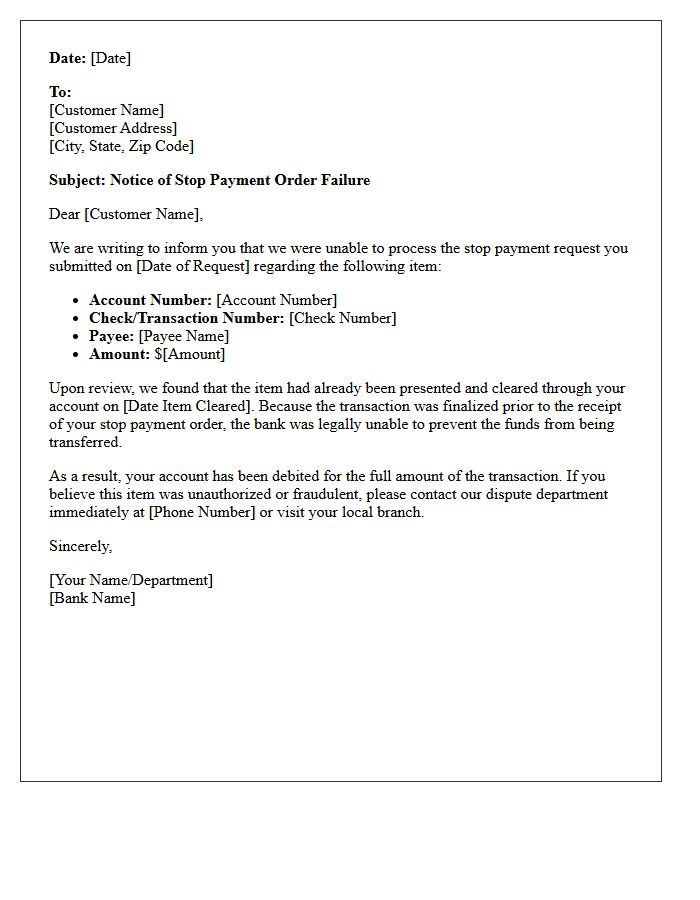Notice Of Stop Payment Order Failure Due To Prior Item Clearance Letter
