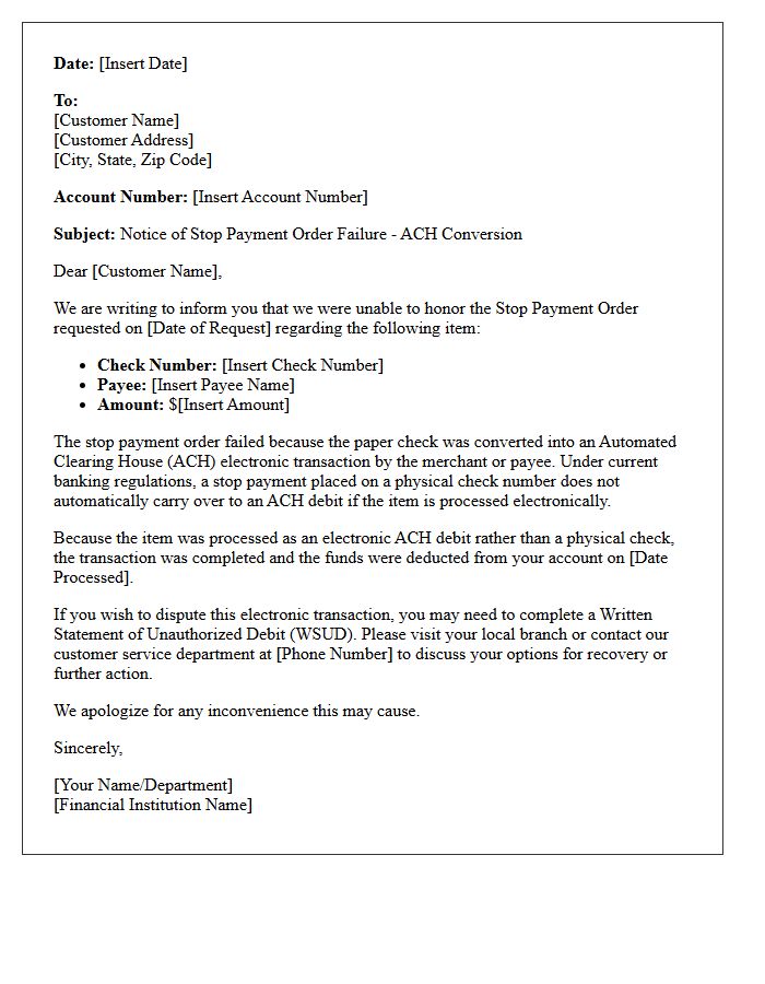 Notice Of Stop Payment Order Failure Due To Processed Automated Clearing House Conversion Letter
