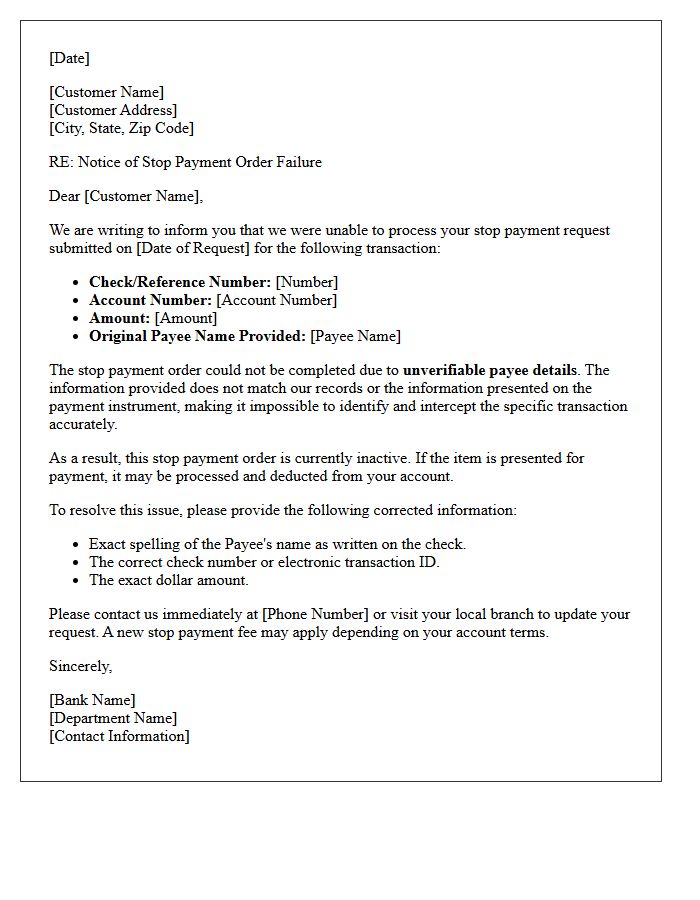 Notice Of Stop Payment Order Failure Due To Unverifiable Payee Details Letter