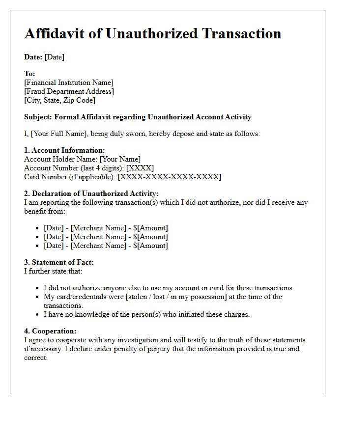 Affidavit of Unauthorized Transaction Letter