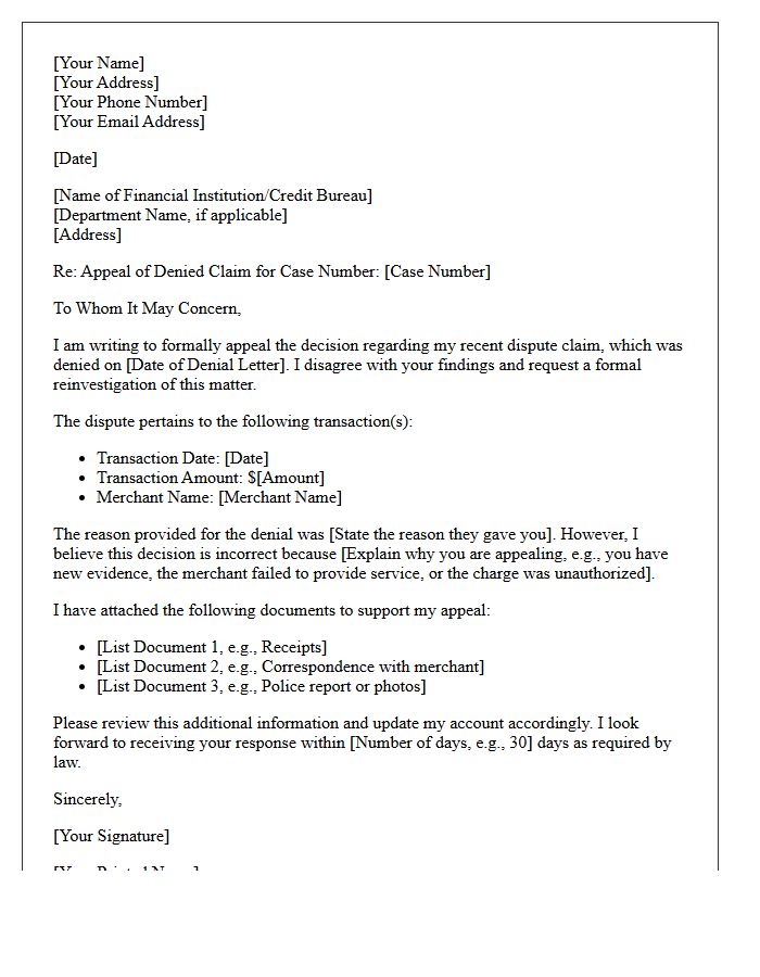 Appeal of Denied Dispute Claim Letter
