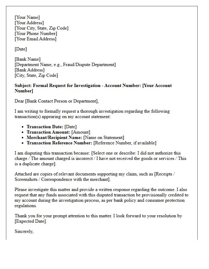 Bank Investigation Request Letter