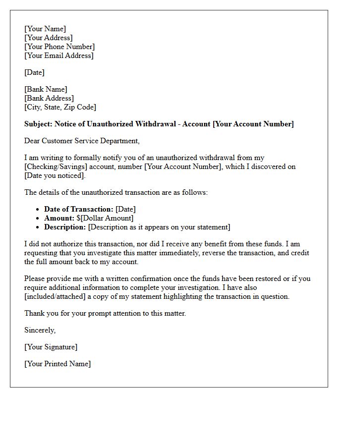 Initial Notice of Unauthorized Withdrawal Letter