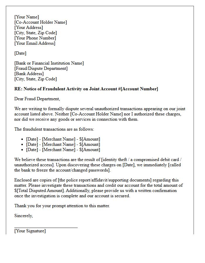 Joint Account Fraud Dispute Letter