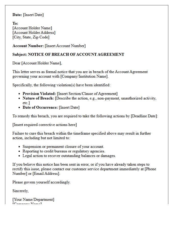 Notice of Breach of Account Agreement Letter