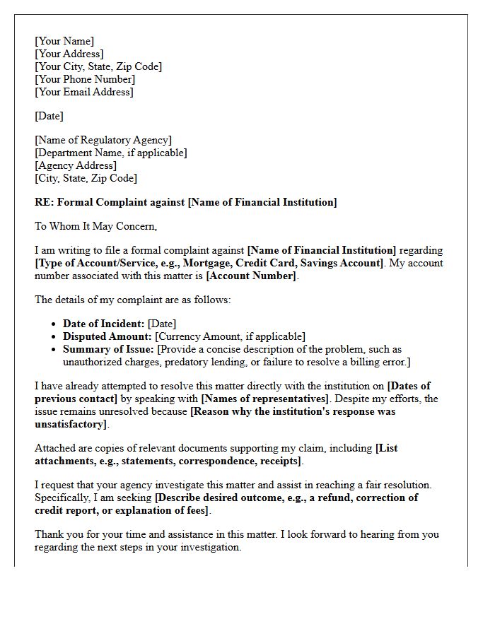 Regulatory Agency Financial Complaint Letter