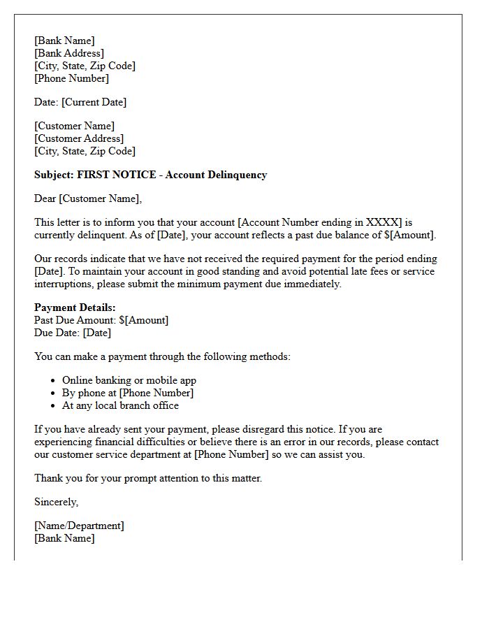 Bank Account Delinquency First Notice Letter