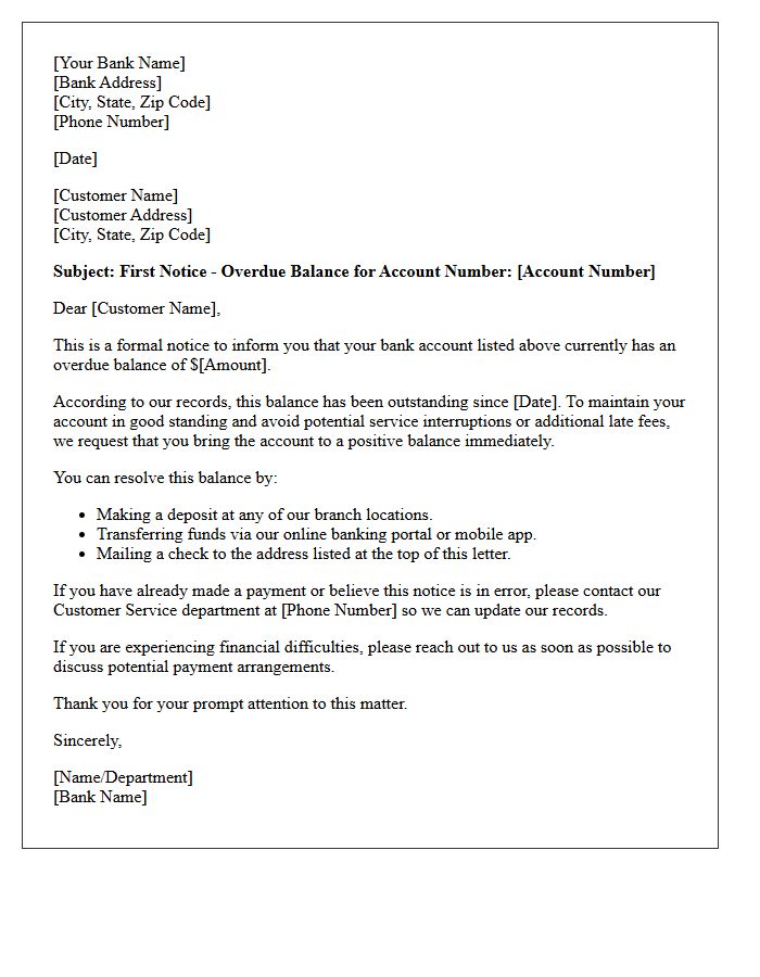 Bank Account Overdue Balance First Notice Letter