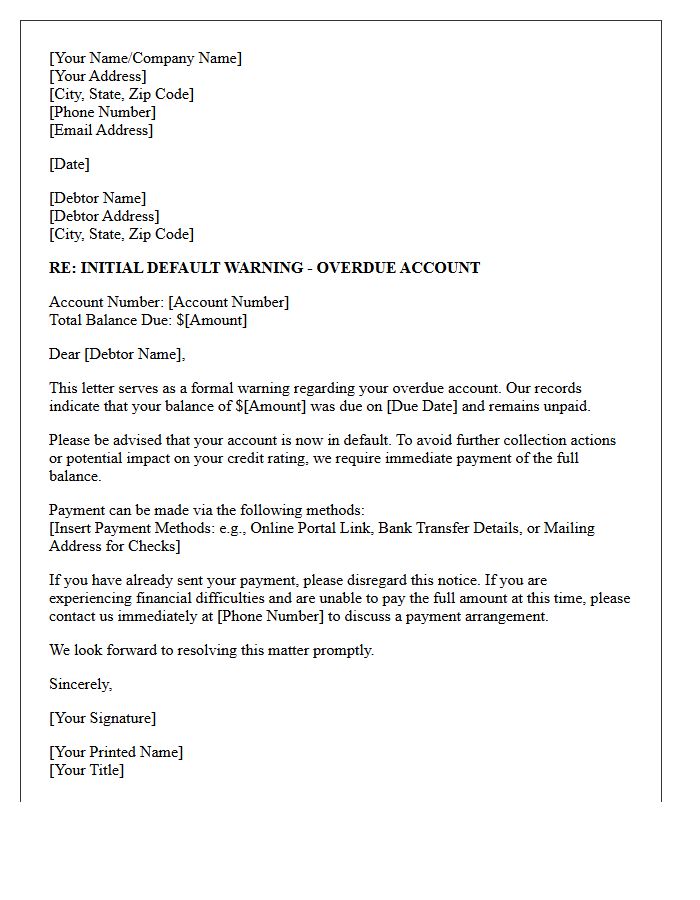 Initial Default Warning for Overdue Account Letter