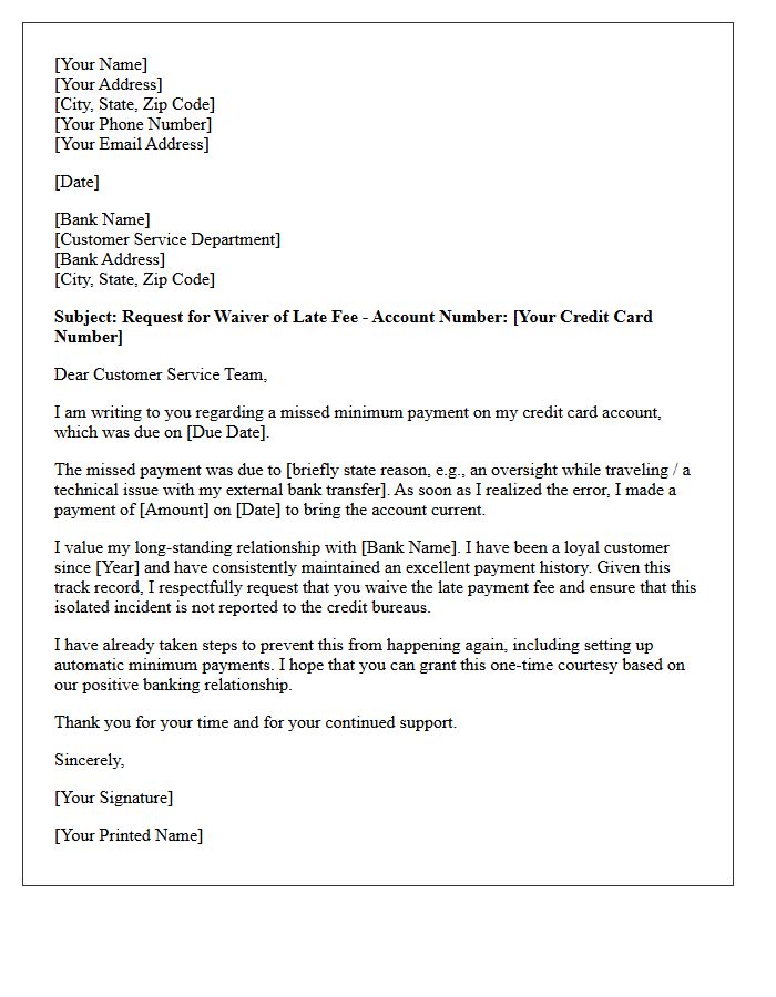 Banking Relationship Letter for Missed Credit Card Minimum Payment