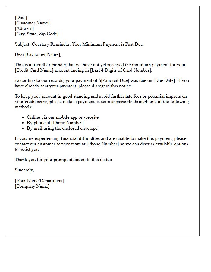 Courtesy Reminder Letter for Missed Minimum Credit Card Payment