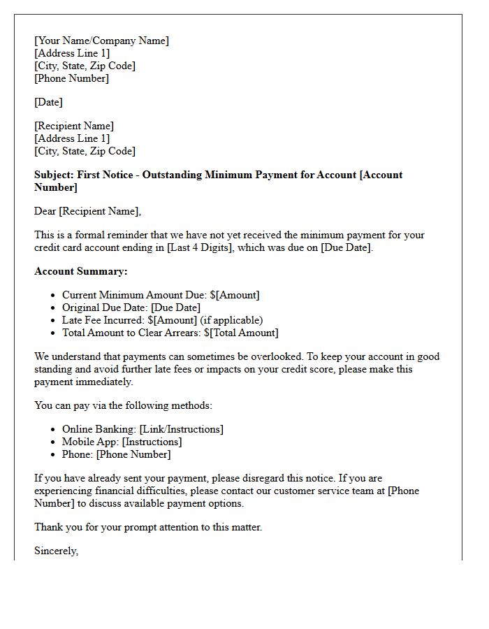 First Notice Letter for Outstanding Credit Card Minimum Payment