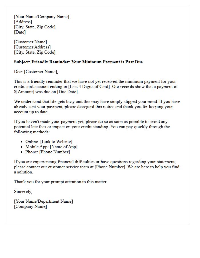 Friendly Reminder Letter for Missed Credit Card Minimum Payment