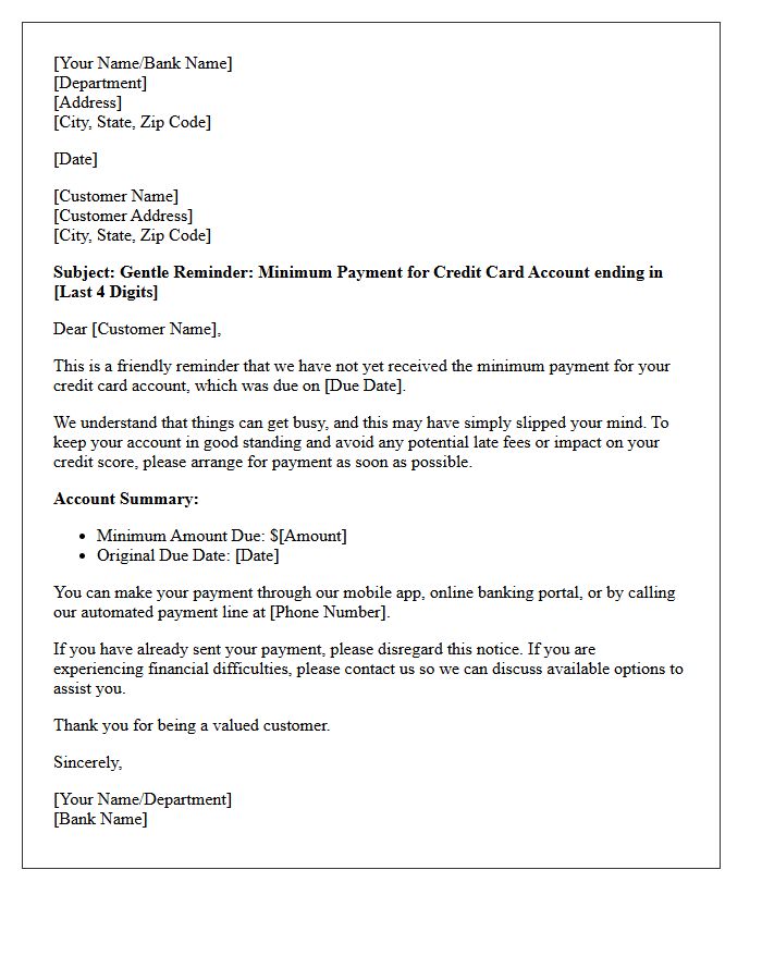 Gentle Reminder Letter Regarding Missed Credit Card Minimum Due