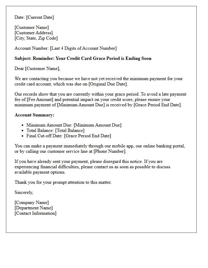 Grace Period Reminder Letter for Overdue Credit Card Minimum